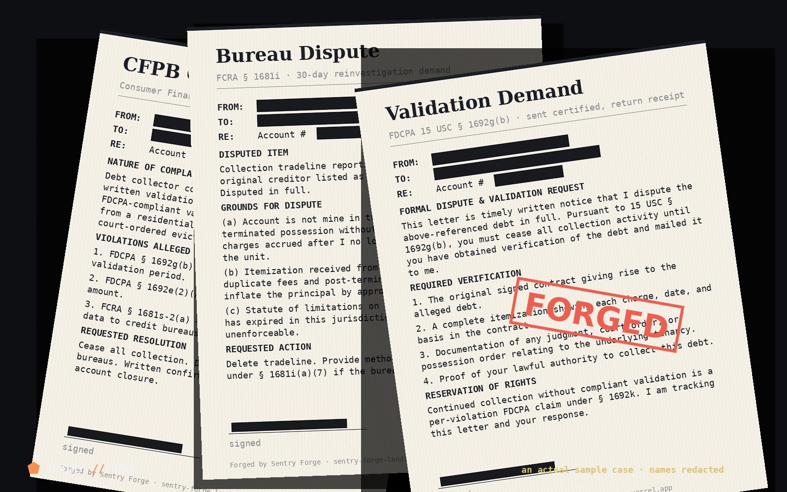 Three documents from a real Sentry Forge case fanned out: validation demand, bureau dispute, CFPB complaint. Personal details redacted. Top document stamped FORGED.
